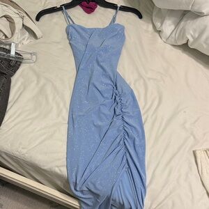 Blue Midi Ruched Windsor dress- Cowl Neckline